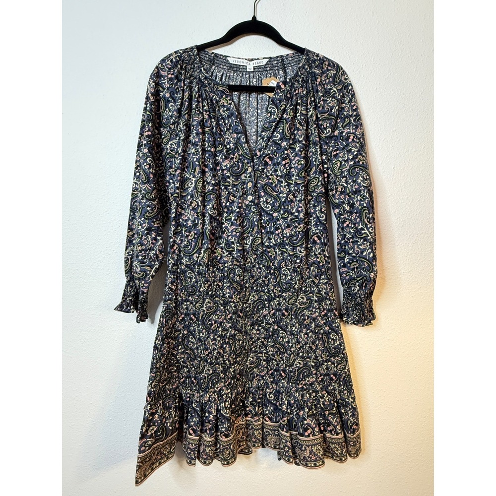 Veronica Beard Karlina Floral Paisley Smocked‎ Cotton Mini Dress M/L MSRP $398